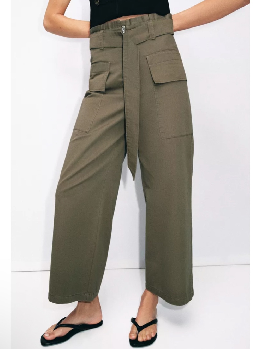 Zara Olive High-Waist Cargo Wide-Leg Pants with Belt